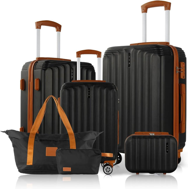 UUH 6-Piece Hardshell Luggage Set with TSA Locks — Black