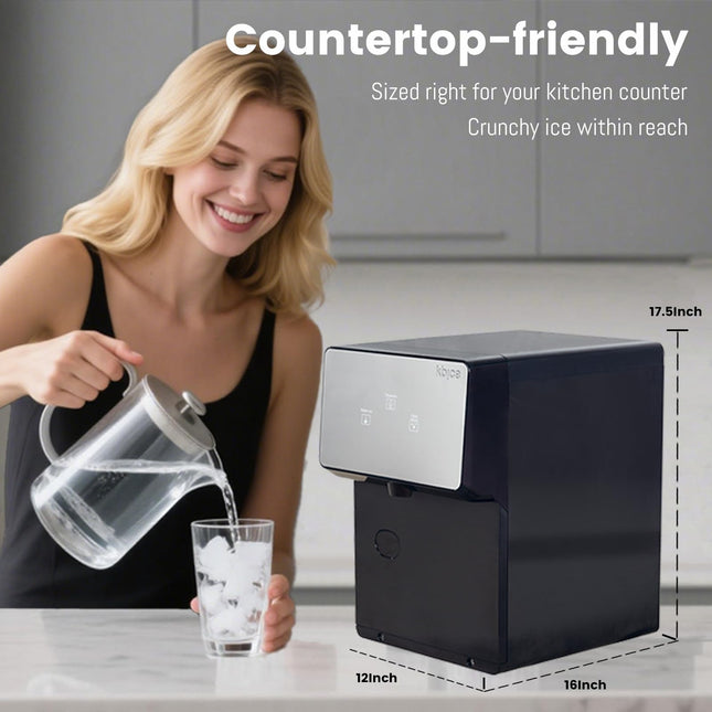 Countertop ice maker in a kitchen with dimensions shown as 16 inches deep, 12 inches wide and 17.5 inches high