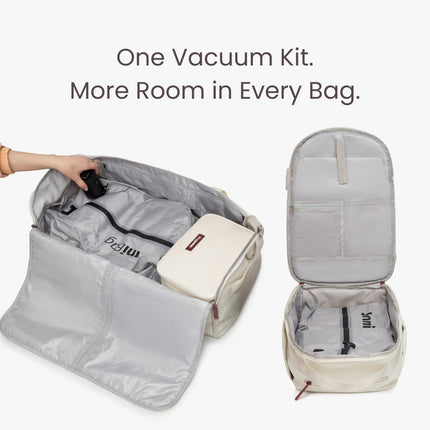 Jenni vacuum bag inside travel luggage; travel bags are not included